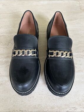 BCBGeneration Black Leather Loafers with Gold Chain Accent
